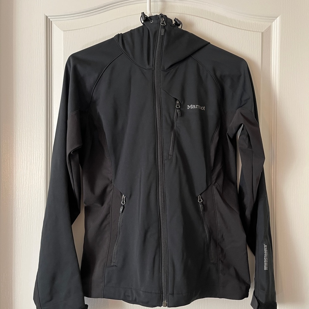Marmot ROM Black Softshell Hooded Windstopper Jacket for hiking skiing outdoors